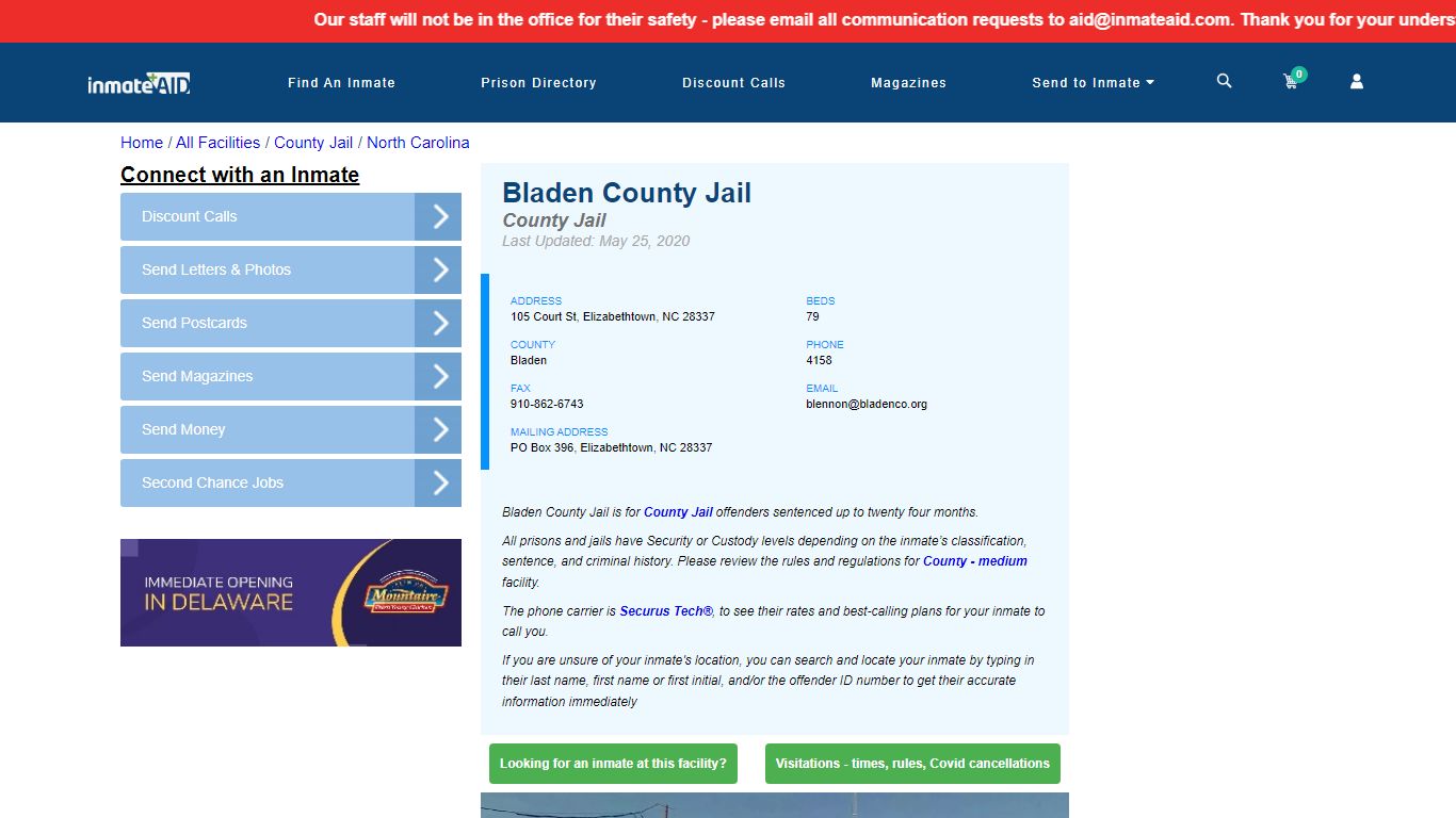 Bladen County Jail - Inmate Locator - Elizabethtown, NC